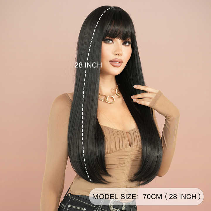 Synthetic wig bangs No. 28 natural black wig with brown roots and brown ends, dyed with natural layered highlights.