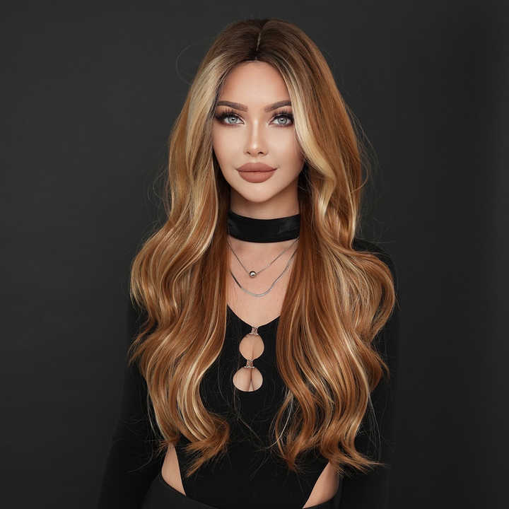 Brown Women's Wig 28 Inches Long Wavy Wig Mid-Length Body Wavy Wig Highlighted Brown Heat-Resistant Synthetic Curls