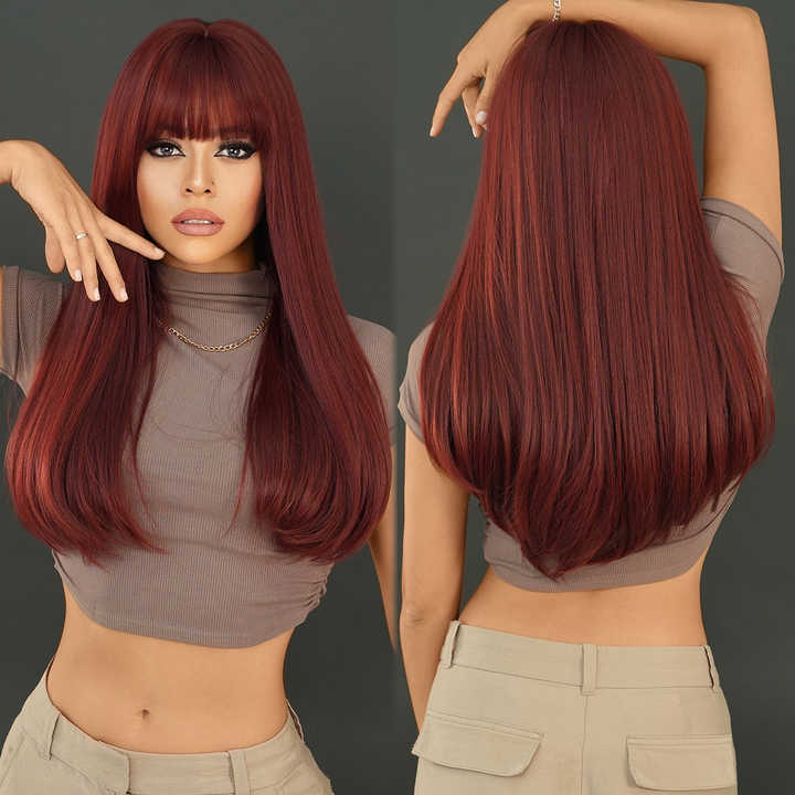 Wine-red wig for women with long straight hair, natural-looking bangs, fashionable, silky smooth, soft, and glossy hair.