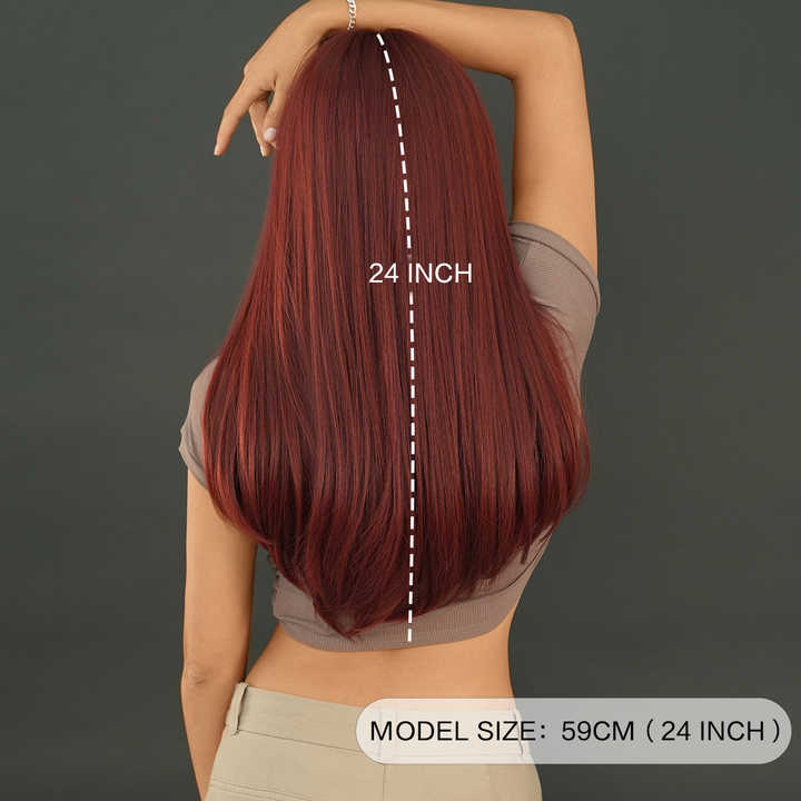 Wine-red wig for women with long straight hair, natural-looking bangs, fashionable, silky smooth, soft, and glossy hair.