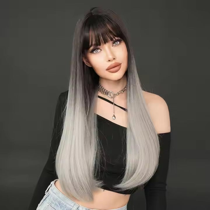 Long Straight Gray Black Wig With Bangs 28 Inch Black Wig