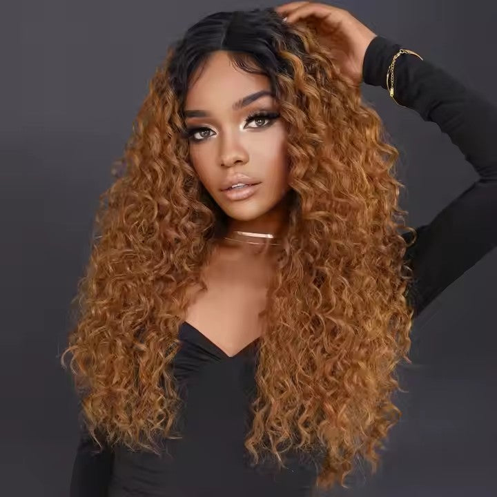 Blonde Lace Front Wig African Curly Black Women's Middle Part Light Brown
