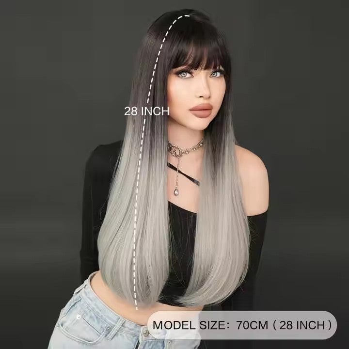 Long Straight Gray Black Wig With Bangs 28 Inch Black Wig