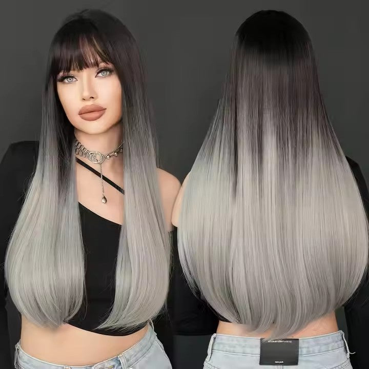 Long Straight Gray Black Wig With Bangs 28 Inch Black Wig